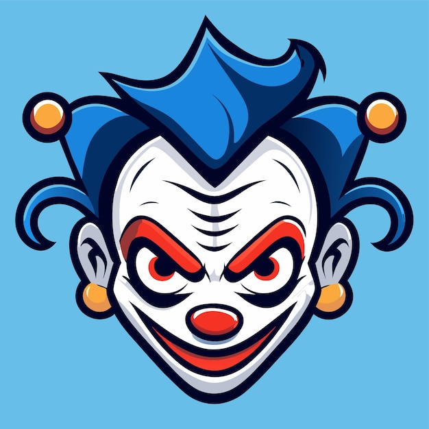 Vettore clown spaventoso joker testa malvagia con i capelli blu disegnato a mano piatto elegante adesivo cartone animato concetto di icona