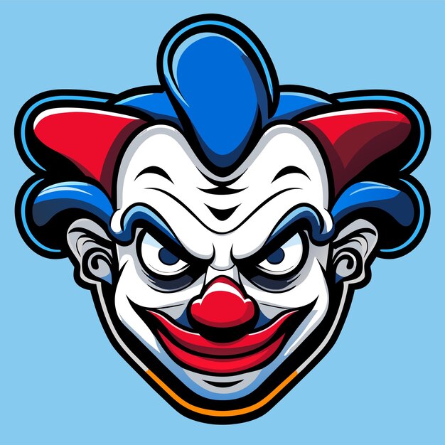 Vector scary clown joker evil head with blue hair hand drawn flat stylish cartoon sticker icon concept