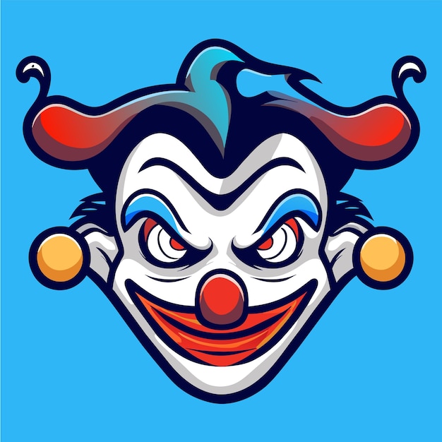 Clown spaventoso joker testa malvagia con i capelli blu disegnato a mano piatto elegante adesivo cartone animato concetto di icona