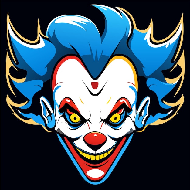 Vector scary clown joker evil head with blue hair hand drawn flat stylish cartoon sticker icon concept