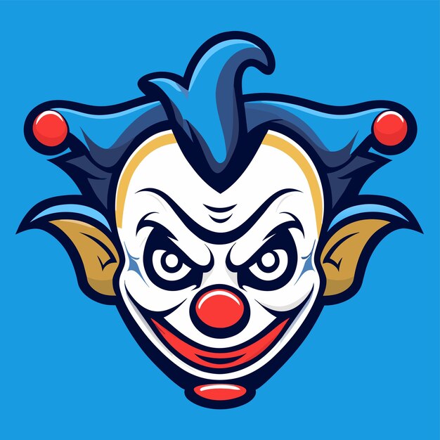 Scary clown joker evil head with blue hair hand drawn flat stylish cartoon sticker icon concept