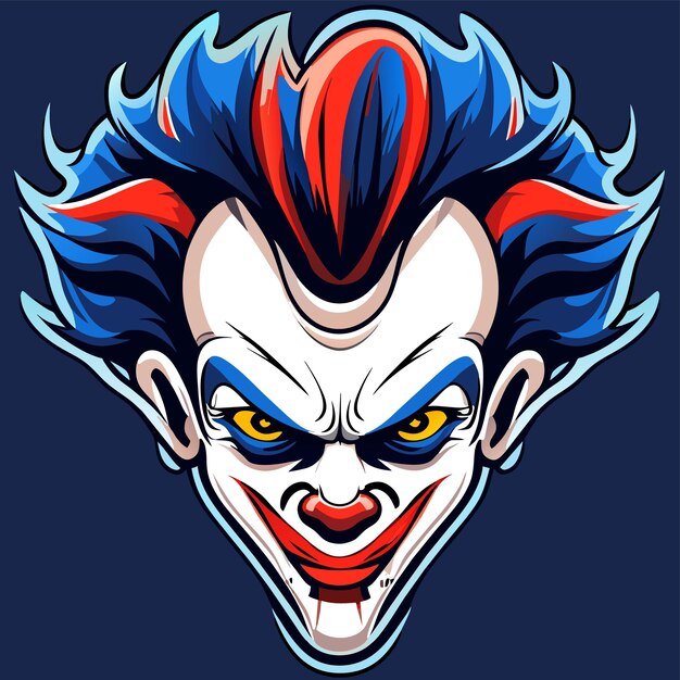 Vettore clown spaventoso joker testa malvagia con i capelli blu disegnato a mano piatto elegante adesivo cartone animato concetto di icona