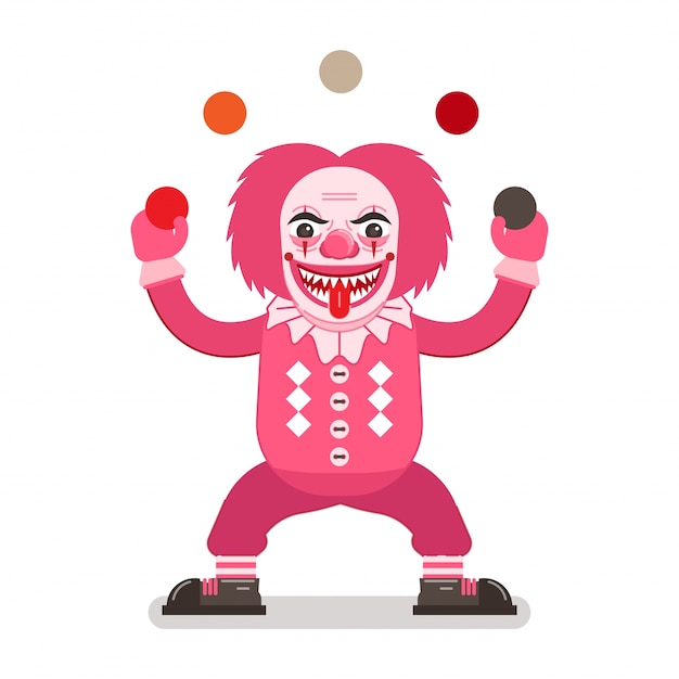 Scary clown in pink costume, sharp teeth and tongue out juggling balls