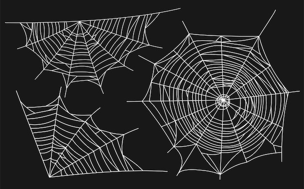 Vector scary cobweb set white silhouette of spider web isolated on black background doodle style