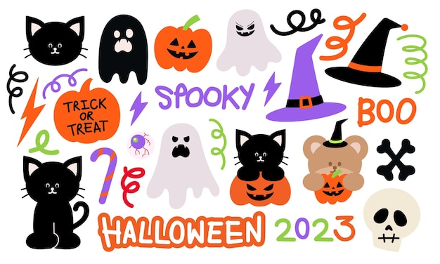 Scary but cute Halloween icons including pumpkin ghost black cat trick or treat candy skull etc