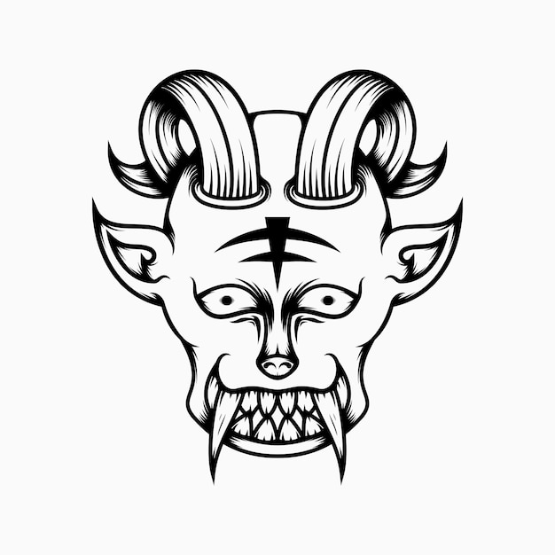 scary demon head illustration with line art style. horns and fangs