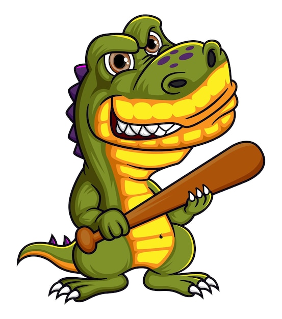 Scary dinosaur character holding baseball stick