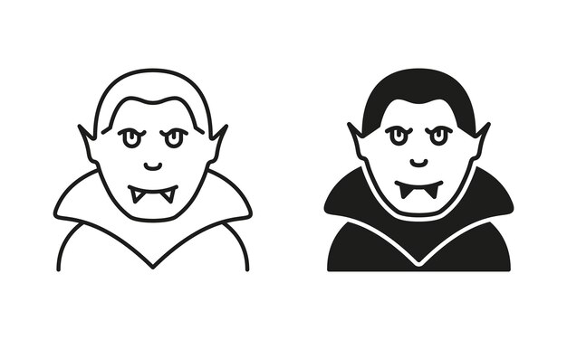 Scary Dracula Line and Silhouette Black Icon Set Vampire Halloween Character Spooky Dracula