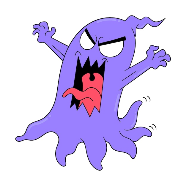 Scary faced purple ghost on halloween night doodle icon image kawaii