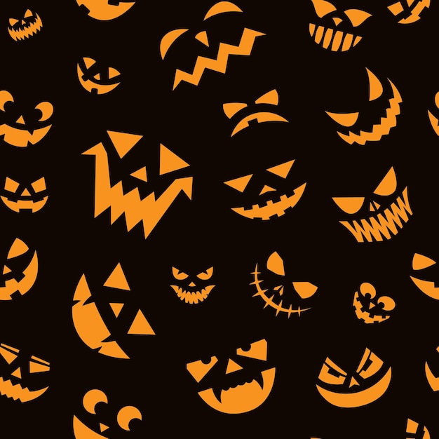 Scary faces pattern Seamless print of Halloween pumpkin carving face with scary angry eyes and smiling mouth with teeth Vector texture