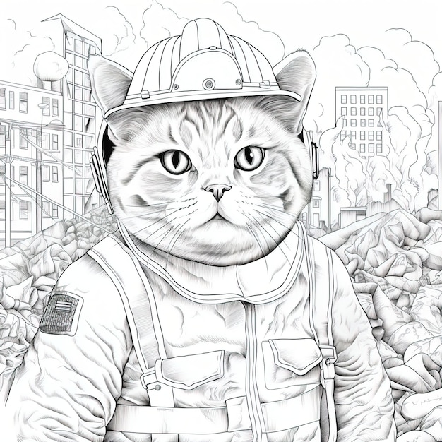 Vector scary fierce eyed british shorthair cat dressed as a fireman coloring book for adults