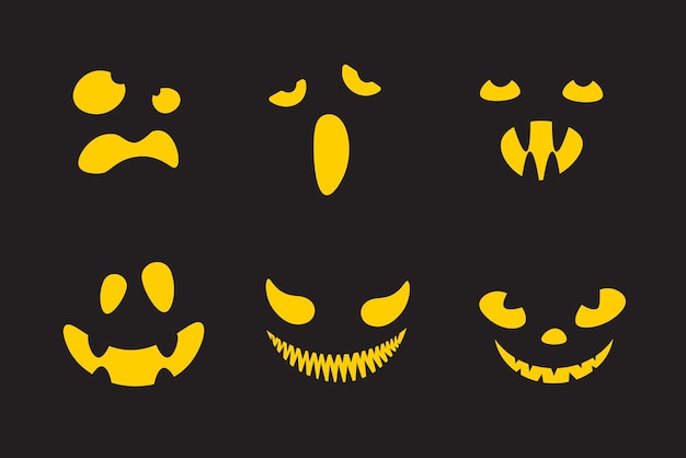 Scary and funny Halloween pumpkin faces and grimaces. Ghost silhouette. Vector illustration isolated