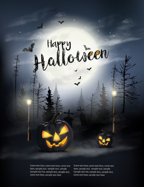Vector scary halloween background with pumpkins and moon.
