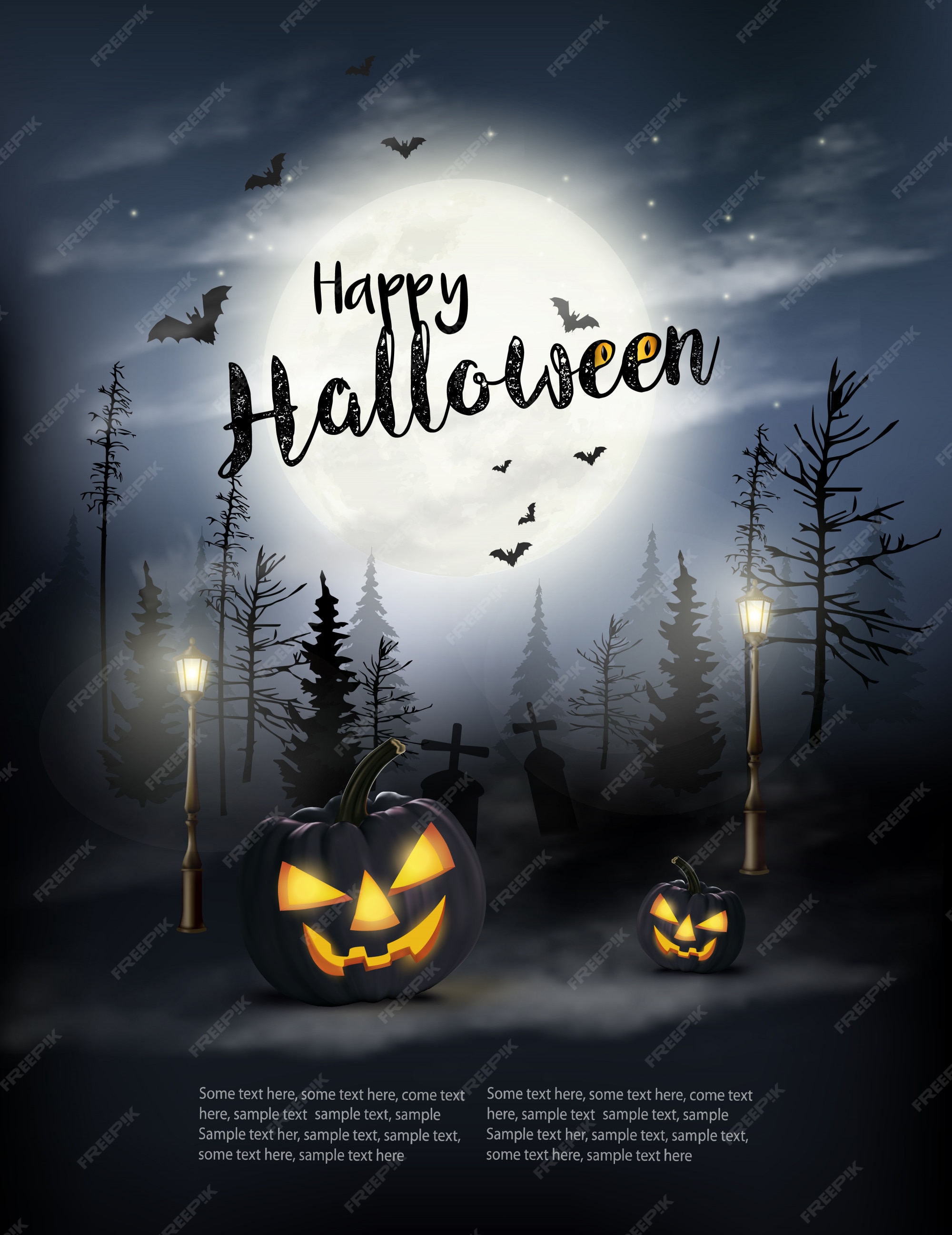 Premium Vector | Scary halloween background with pumpkins and moon.