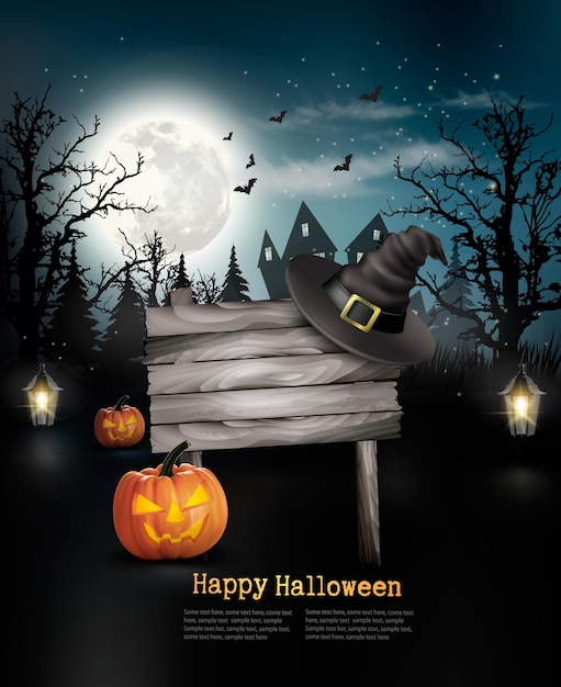 Scary halloween background with a wooden sign. vector.