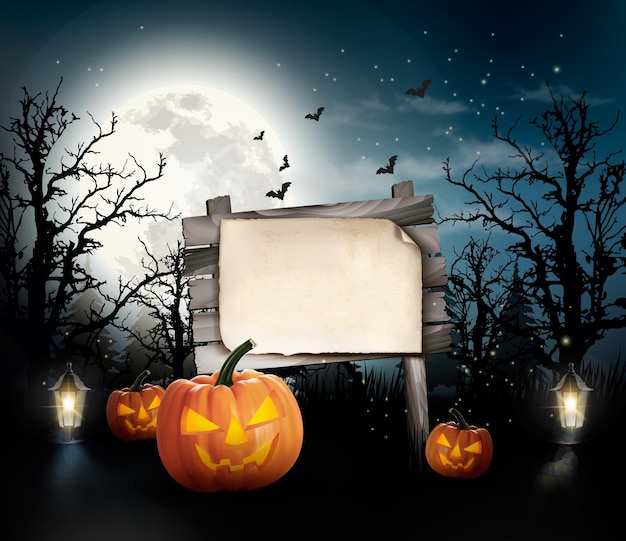 Vector scary halloween background with a wooden sign.