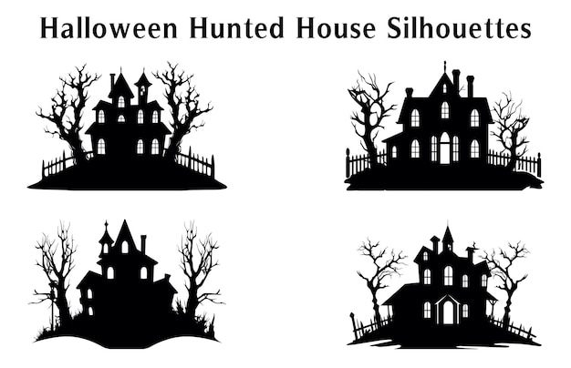 Scary Halloween Haunted House Silhouette Vector illustration Set