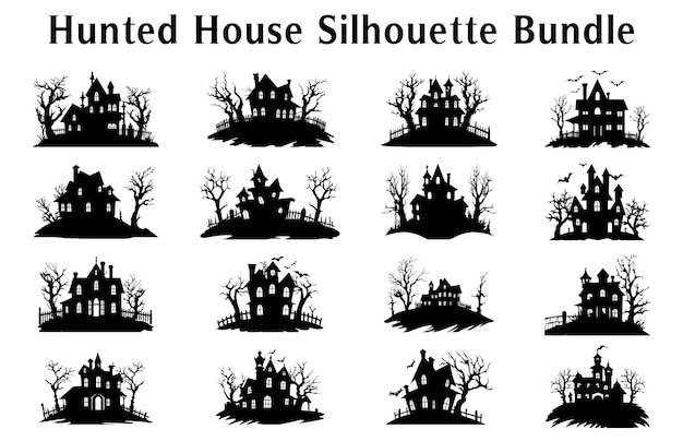 Scary Halloween Haunted House Silhouette Vector illustration Set