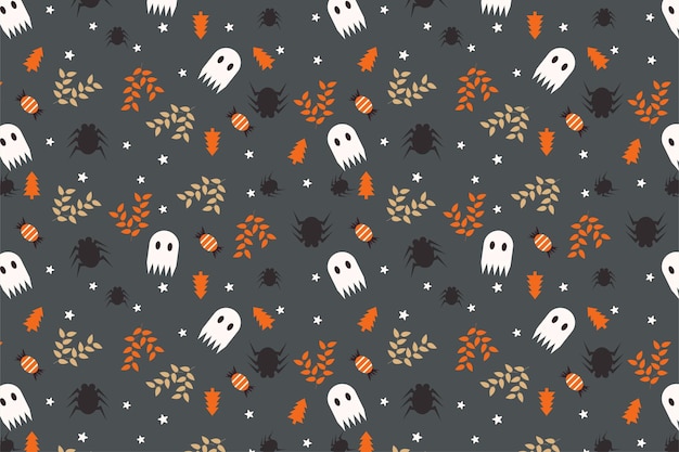 Scary Halloween pattern background with cute ghosts and dead leaves vector Halloween seamless pattern decoration for book covers and wallpapers Cute Halloween pattern on a dark background vector