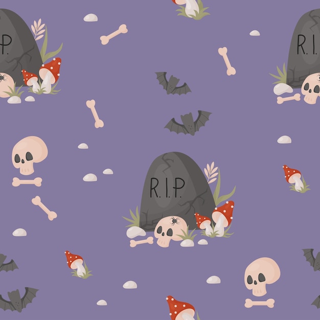 Scary Halloween Seamless pattern with cemetery headstone with skull bones and fly agaric