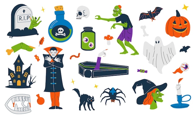Scary Halloween symbols Cute childish pumpkin zombie bat ghost cat vampire witch elements cartoon flat october holiday spooky bundle Vector collection
