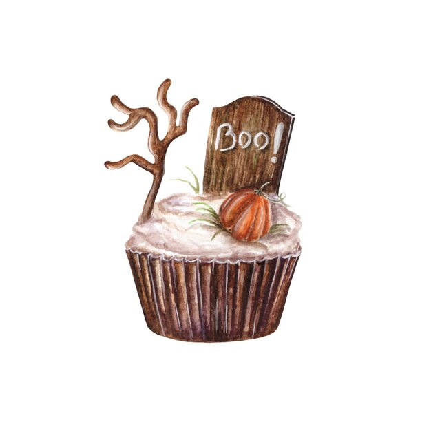 Vector scary halloween watercolor cupcake