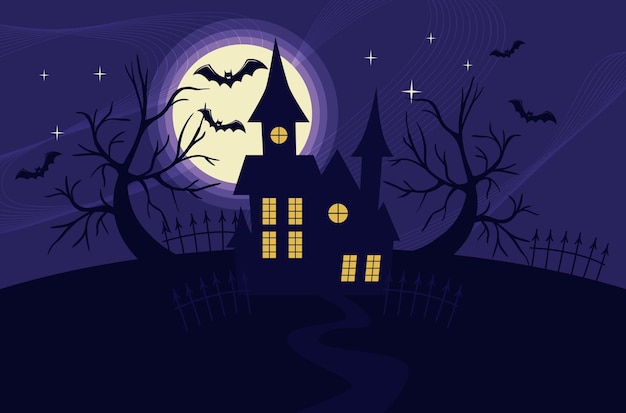 나무와 울타리의 보름달을 배경으로 무서운 집