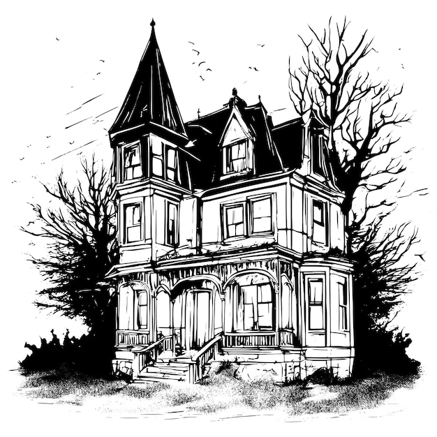 Scary house silhouette sketch mystical house with monsters and ghosts for halloween creepy house