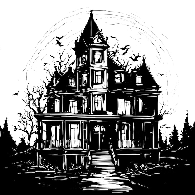 Scary house silhouette sketch mystical house with monsters and ghosts for halloween creepy house
