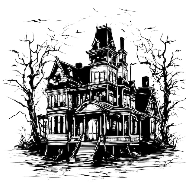 Vector scary house silhouette sketch mystical house with monsters and ghosts for halloween creepy house