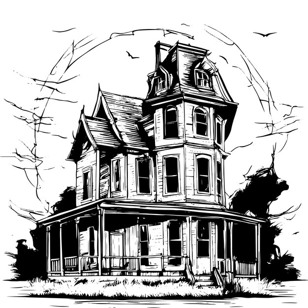 Scary house silhouette sketch mystical house with monsters and ghosts for halloween creepy house