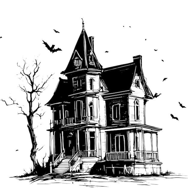 ハロウィーンのための怪物と幽霊の神秘的な家 恐ろしい家のシルエットスケッチ