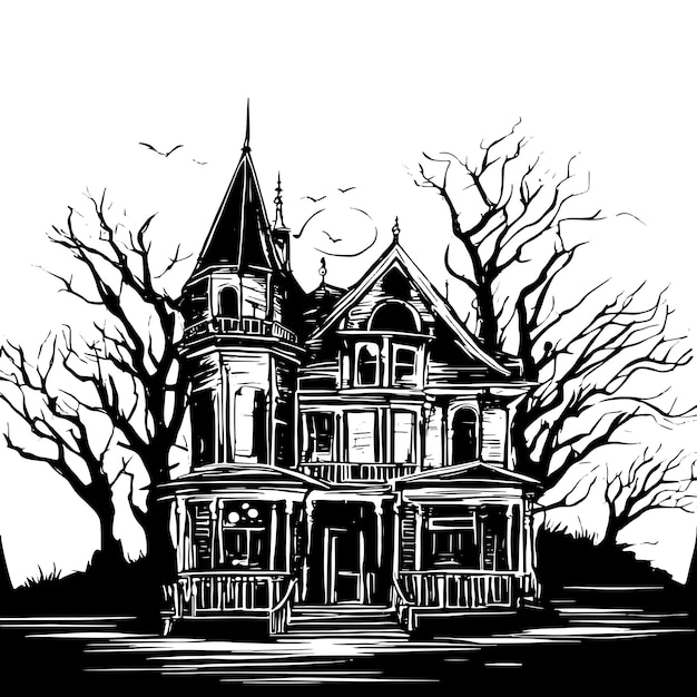Scary house silhouette sketch mystical house with monsters and ghosts for halloween creepy house