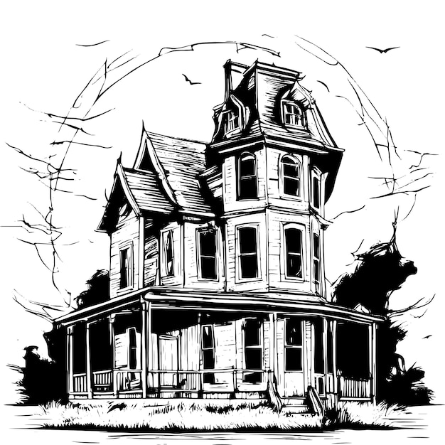 Scary house silhouette sketch mystiek huis met monsters en geesten voor halloween griezelig huis