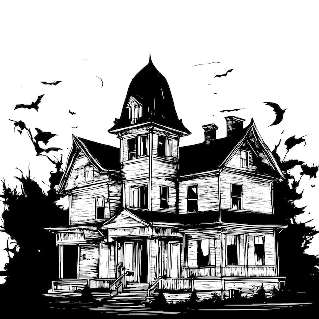 Scary house silhouette sketch mystiek huis met monsters en geesten voor halloween griezelig huis