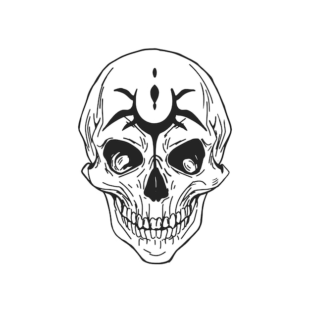 Scary human skull with jaws or part of skeleton with tattoo on elbow. Occult object for witchcraft, sorcery and wizardry. Hand-drawn vector illustration isolated on white background.