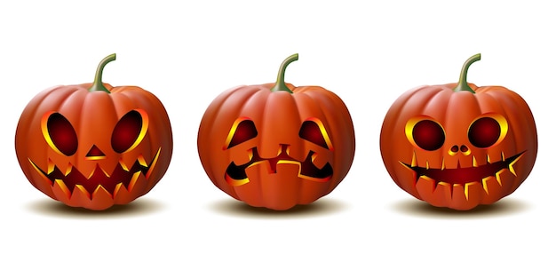 Scary jack o lantern halloween pumpkin with candle light inside, set of halloween pumpkins in vector with different faces for icons and decorationsisolated on white background. vector illustration.