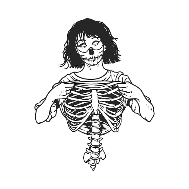怖い仮面の女性がシャツを持ち上げて骸骨の体を見せる