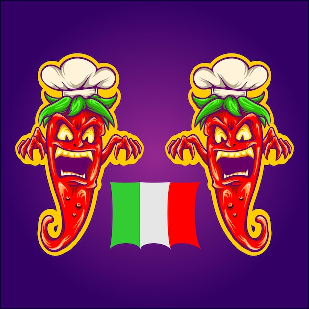 Scary mexico spicy chilli with chef hat cartoon illustrations