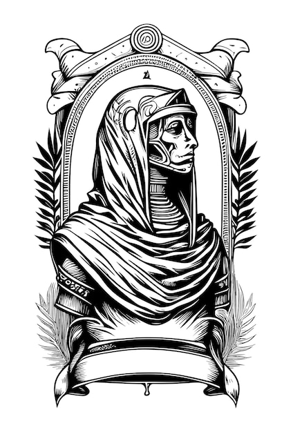 scary Mummy girl black and white hand drawn illustration with heraldic banner for copyspace logo