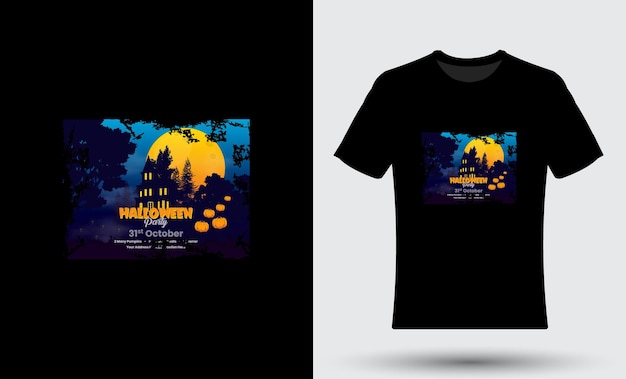 Страшный ночной плоский дизайн футболки на Хэллоуин