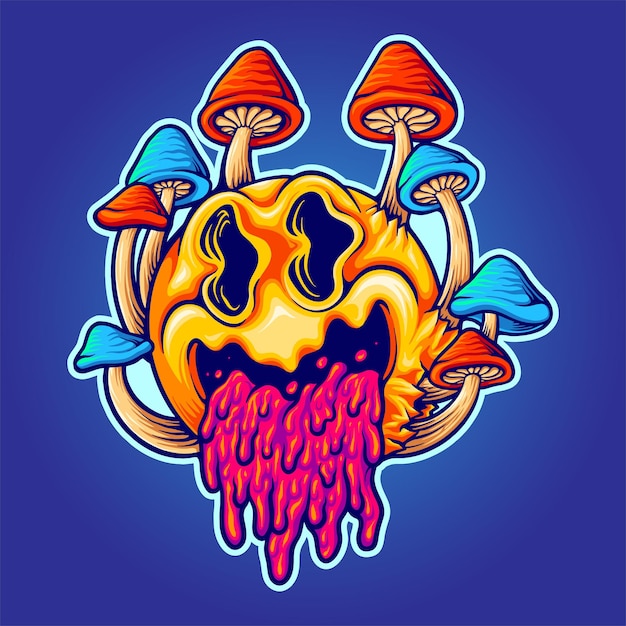 Scary psychedelic mushrooms cartoon colorful illustrations