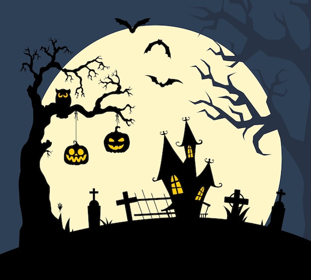 scary pumpkin and bats vector happy halloween background illustration