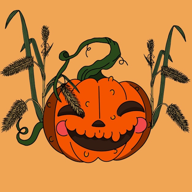 Scary pumpkin in ears halloween illustration in background