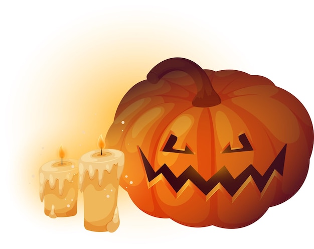 Vettore zucca spaventosa e candele di halloween con bagliore isolato