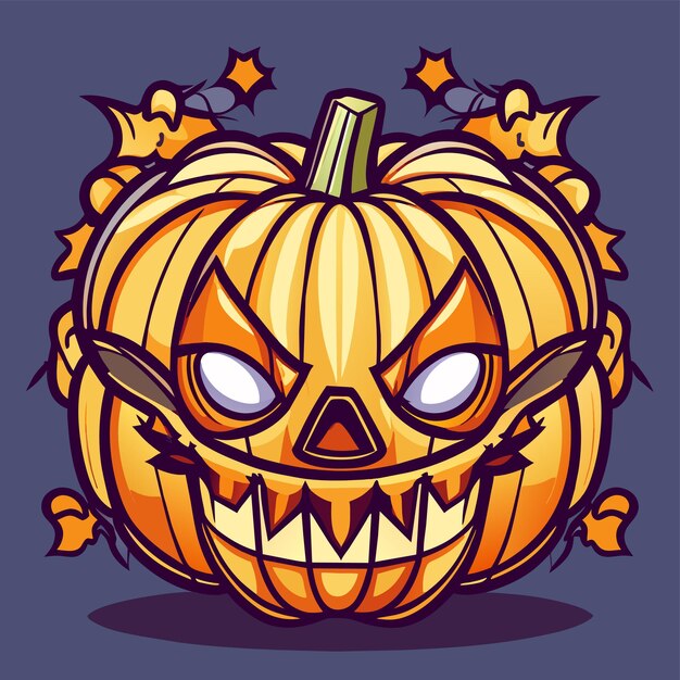 Vector scary pumpkin halloween lantern hand drawn flat stylish cartoon sticker