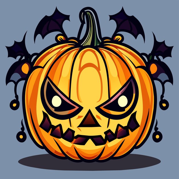 Vector scary pumpkin halloween lantern hand drawn flat stylish cartoon sticker