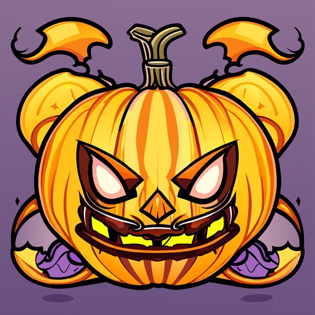 Vector scary pumpkin halloween lantern hand drawn flat stylish cartoon sticker