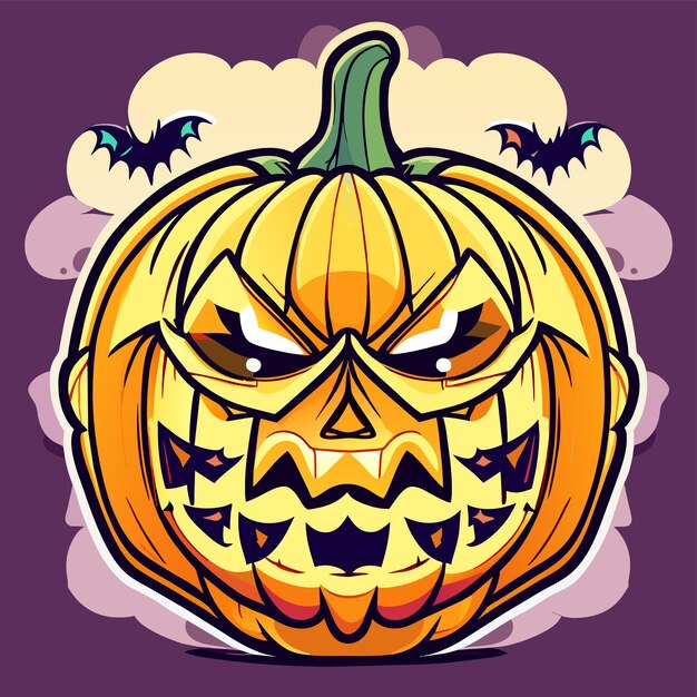 Vector scary pumpkin halloween lantern hand drawn flat stylish cartoon sticker