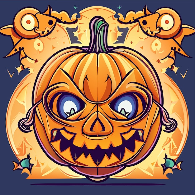 Vector scary pumpkin halloween lantern hand drawn flat stylish cartoon sticker